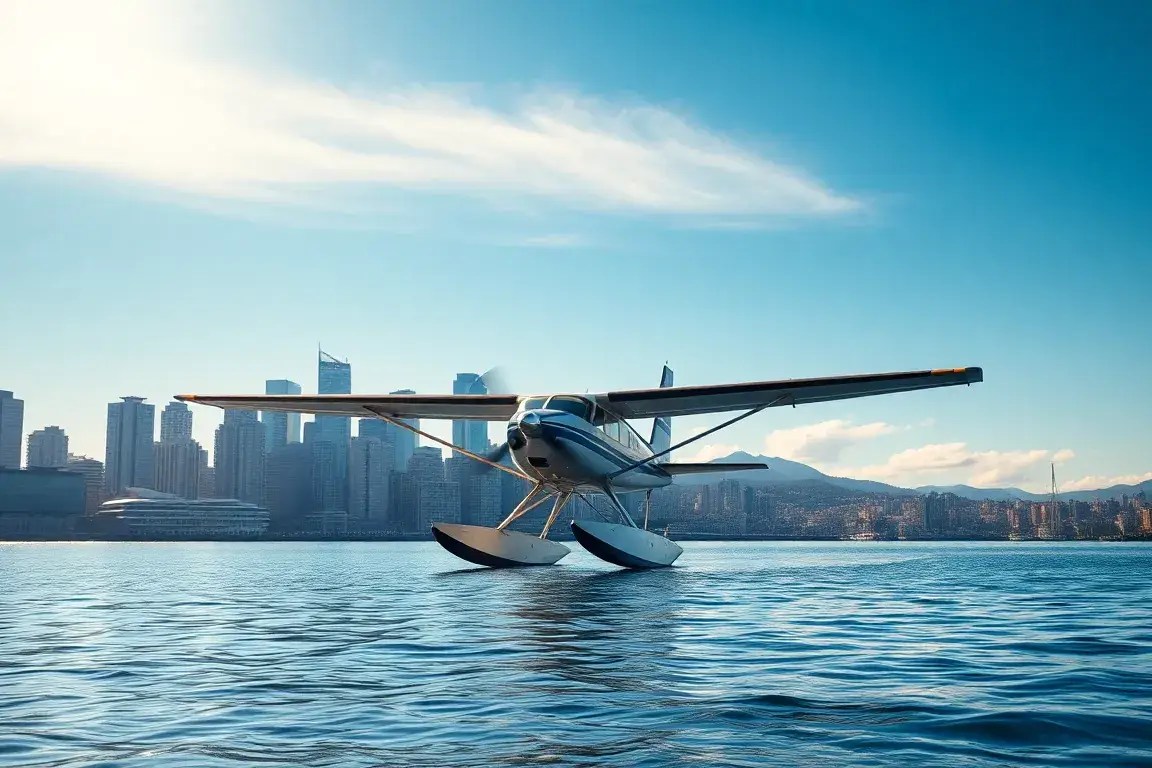 Vancouver: Kostenlose Seaplane-Fahrt inkl. 2 Nächte Hotel: Harbour Air Seaplane vor der Vancouver-Skyline, ruhiges Wasser im Vordergrund, S…