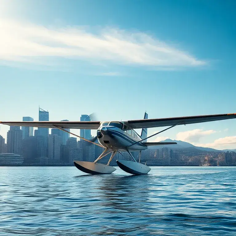 Vancouver: Kostenlose Seaplane-Fahrt inkl. 2 Nächte Hotel: Harbour Air Seaplane vor der Vancouver-Skyline, ruhiges Wasser im Vordergrund, S…