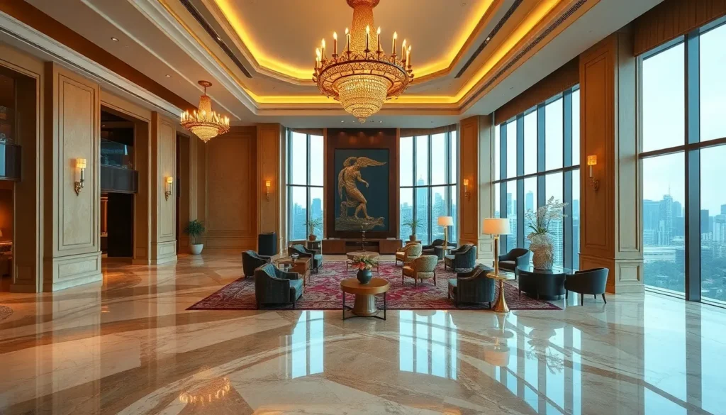 Waldorf Astoria Bangkok: 220€ inkl. Frühstück & Guthaben - Das Hotel: Luxuriöse Lobby des Waldorf Astoria Bangkok in Gold- und Cremetönen, …