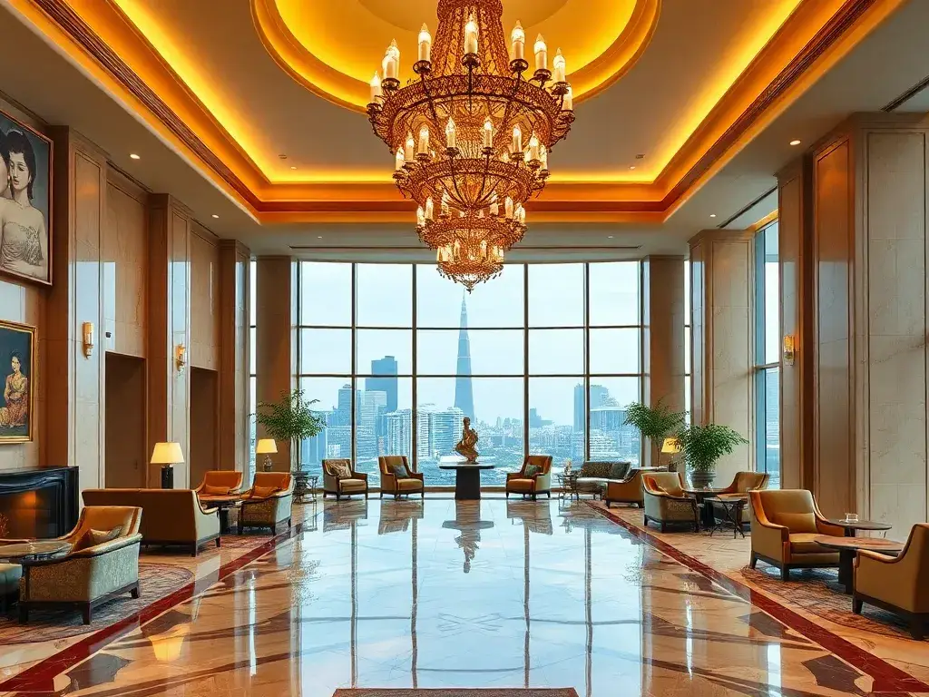Waldorf Astoria Bangkok: 220€ inkl. Frühstück & Guthaben: Fotorealistisches Titelbild des Waldorf Astoria Bangkok: prunkvolle Lobby in Gold…