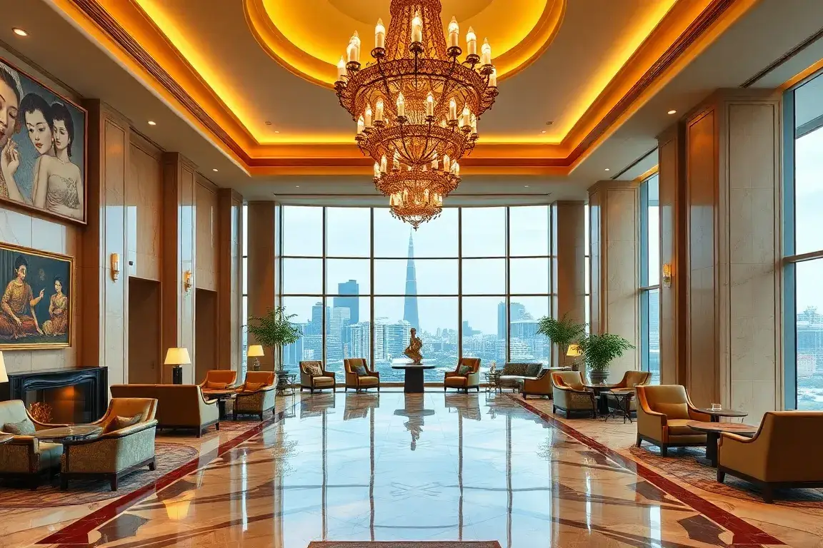 Waldorf Astoria Bangkok: 220€ inkl. Frühstück & Guthaben: Fotorealistisches Titelbild des Waldorf Astoria Bangkok: prunkvolle Lobby in Gold…