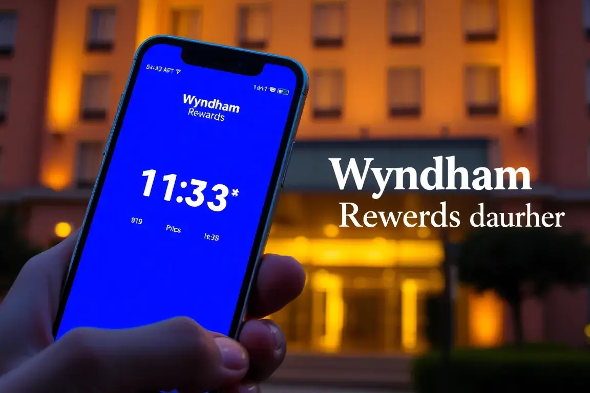 Wyndham Rewards kaufen: Bis zu 100% Bonus & 50% sparen: Ein hochauflösendes Blog-Hero-Bild: Vordergrund ein Smartphone mit der Wyndham Rewa…