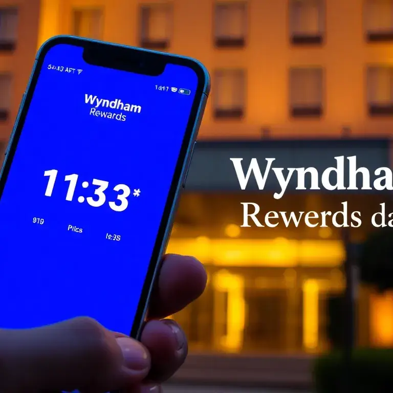 Wyndham Rewards kaufen: Bis zu 100% Bonus & 50% sparen: Ein hochauflösendes Blog-Hero-Bild: Vordergrund ein Smartphone mit der Wyndham Rewa…