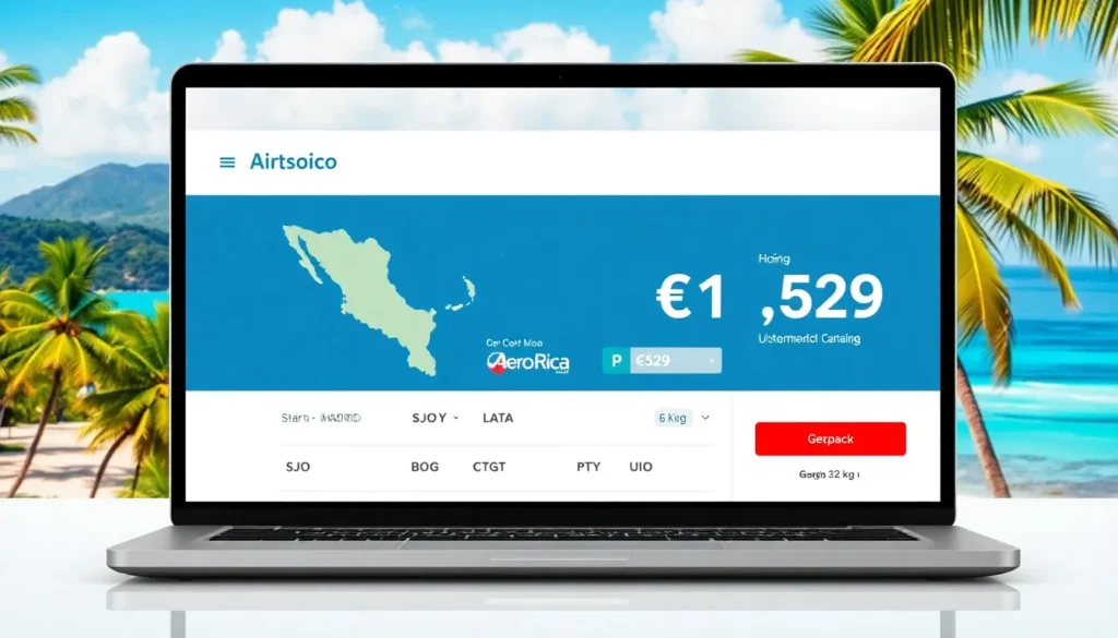 Costa Rica: AeroMexico Business Class ab Madrid €1,529 - Suche & Buchung: AI-Bildprompt für Midpost-Bild: Eine moderne Flugsuche auf einem …