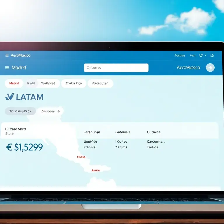 Costa Rica: AeroMexico Business Class ab Madrid €1,529: Ein hochauflösendes Cover-Bild, das eine moderne Flugsuche am Laptop zeigt. Auf dem…