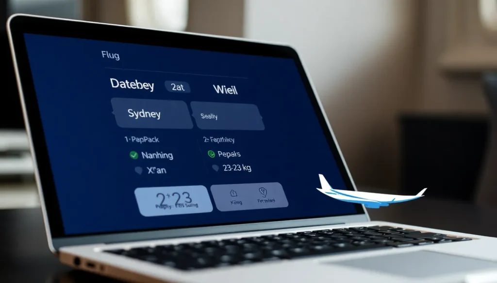 Einweg-Tickets: €323 Sydney–Wien (China Eastern) - Suchen & Buchen: Ein modernes, helles Flug-Suchinterface auf einem Laptop, das Sydney na…