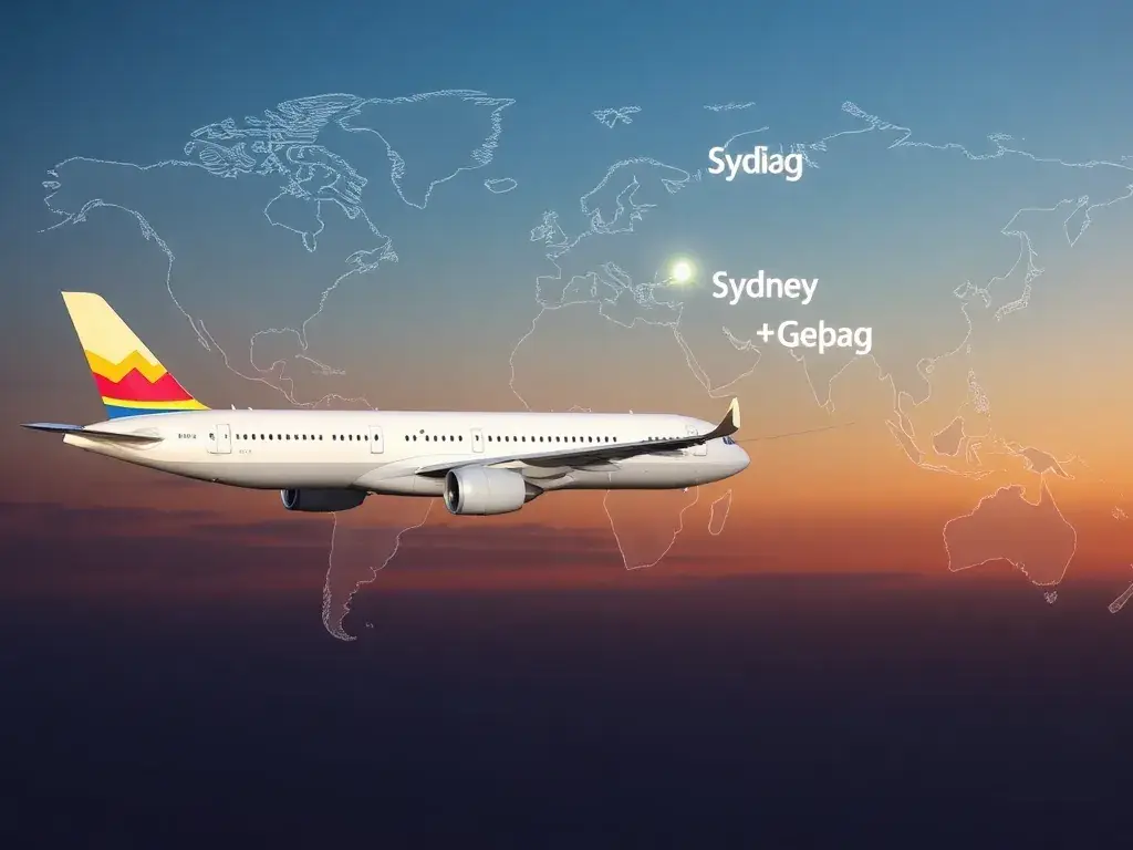Einweg-Tickets: €323 Sydney–Wien (China Eastern): Eine eindrucksvolle Hauptabbildung einer Flugreise: Ein Airbus A330 im Vordergrund, eine …