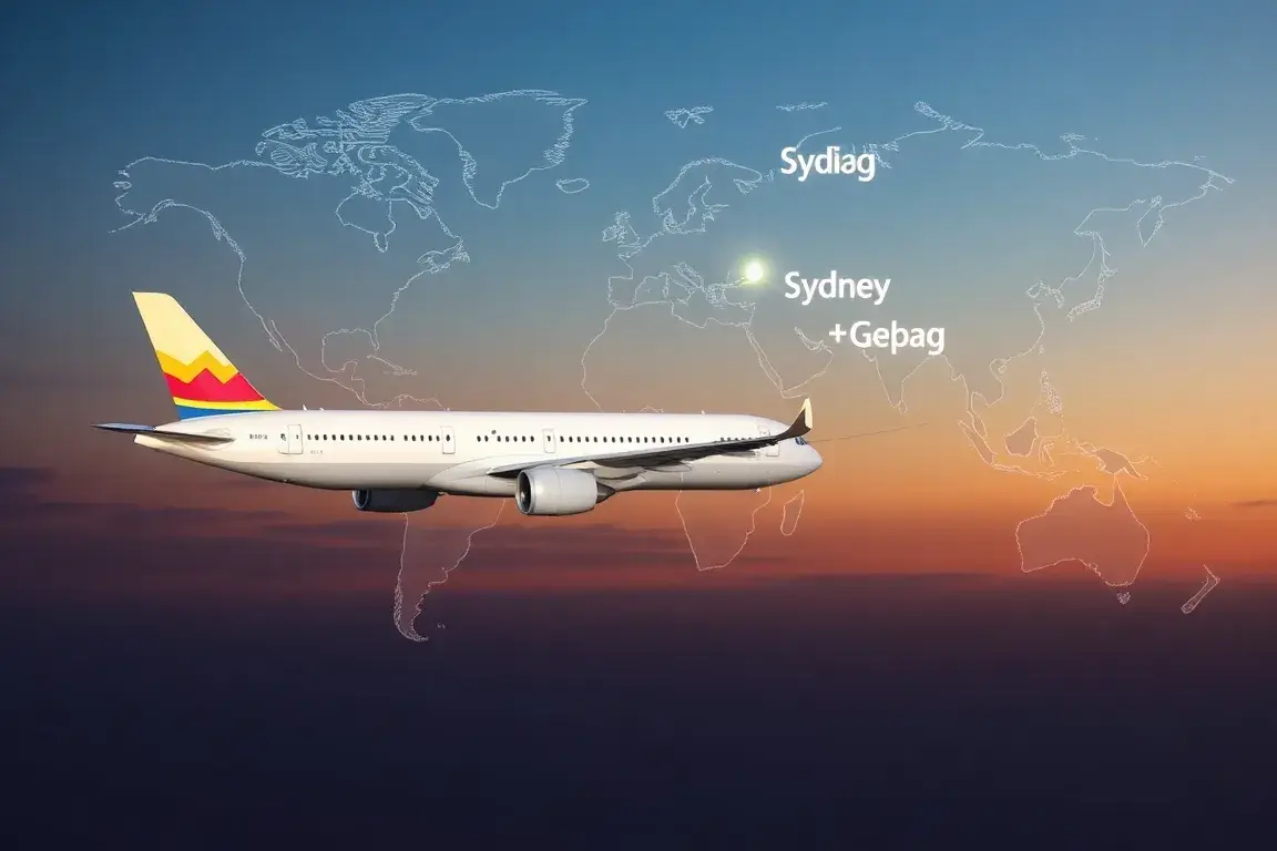 Einweg-Tickets: €323 Sydney–Wien (China Eastern): Eine eindrucksvolle Hauptabbildung einer Flugreise: Ein Airbus A330 im Vordergrund, eine …