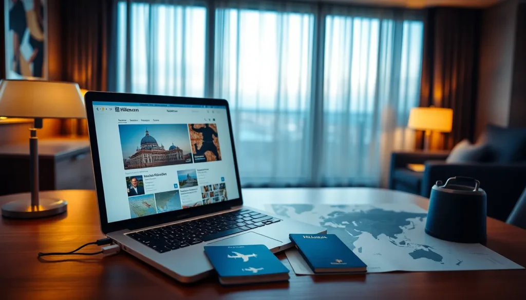 Hilton Honors Bonuspunkte: Bis zu 15.000 Punkte - Fazit: Midpost-Bild-Prompt: Stilvolles Reise-Setup in einem hellen Hotelzimmer; Laptop ze…