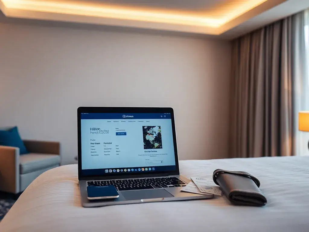Hilton Honors Bonuspunkte: Bis zu 15.000 Punkte: Modernes Header-Bild: Ein stilvolles Reise-Setup in einem hellen Hotelzimmer, Laptop geöff…
