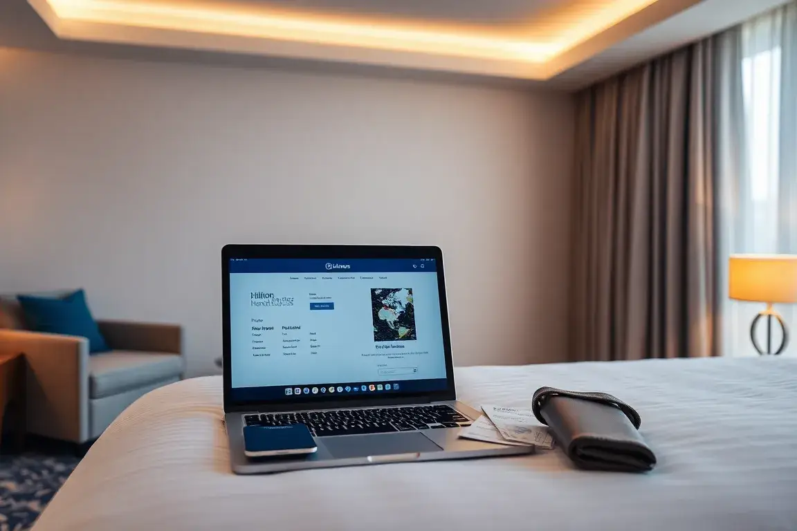 Hilton Honors Bonuspunkte: Bis zu 15.000 Punkte: Modernes Header-Bild: Ein stilvolles Reise-Setup in einem hellen Hotelzimmer, Laptop geöff…