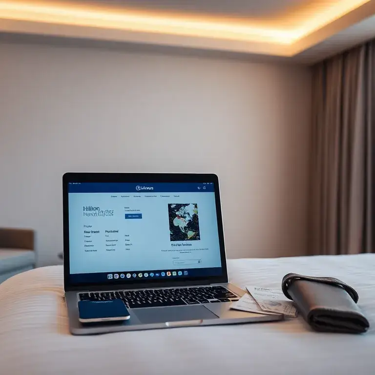 Hilton Honors Bonuspunkte: Bis zu 15.000 Punkte: Modernes Header-Bild: Ein stilvolles Reise-Setup in einem hellen Hotelzimmer, Laptop geöff…