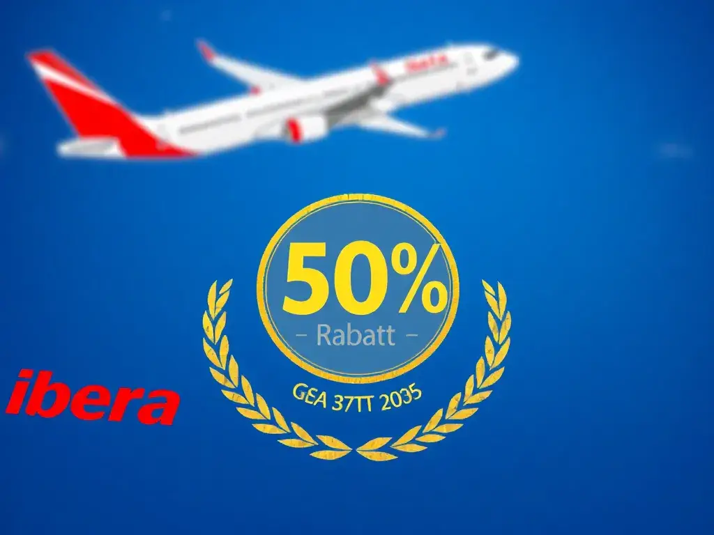 Iberia Geschenkkarten kaufen – 10% Rabatt bis 3. Mai: Stilvolles Hauptbild: Iberia-Geschenkkarten im Vordergrund, ein auffälliges 10%-Rabat…