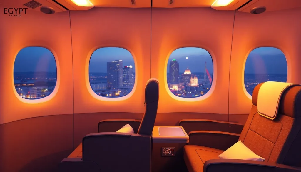 Nairobi Flugpreis Budapest €991 – EgyptAir - Zwischenstopp in Kairo: Realistisches Rendering einer EgyptAir-Business-Class-Kabine mit verst…