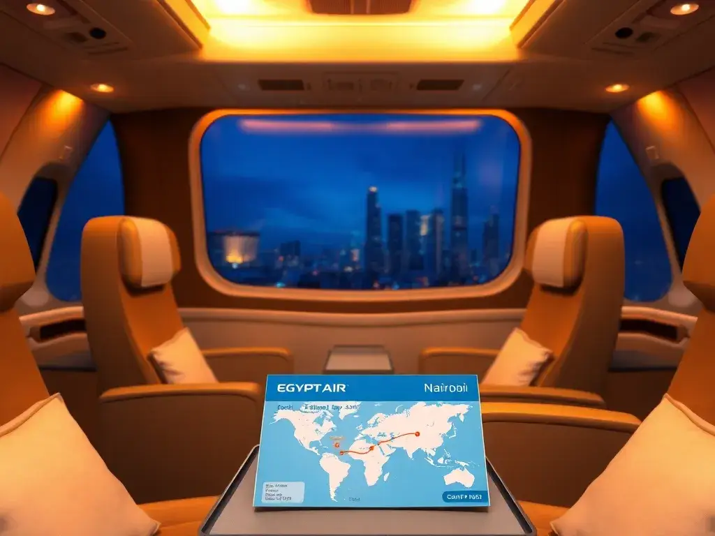 Nairobi Flugpreis Budapest €991 – EgyptAir: Realistisches, hochauflösendes Bild einer EgyptAir Business Class-Kabine: verstellbare Sitze in…