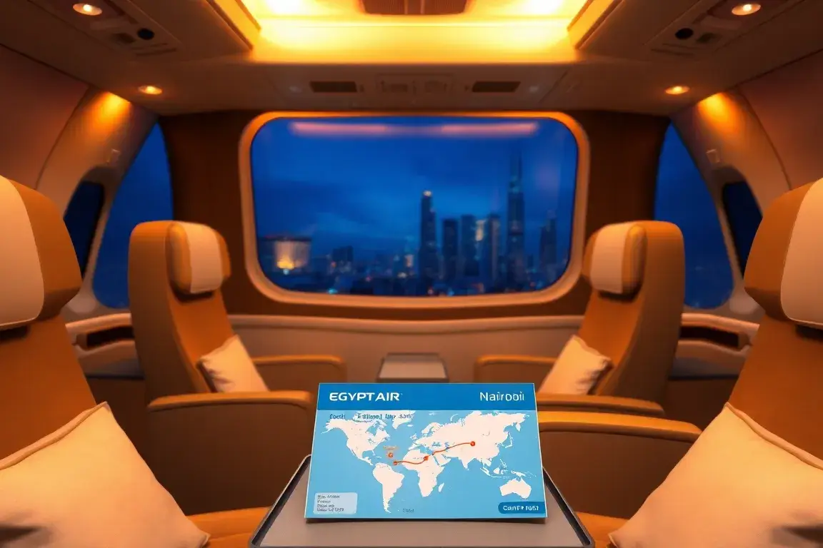 Nairobi Flugpreis Budapest €991 – EgyptAir: Realistisches, hochauflösendes Bild einer EgyptAir Business Class-Kabine: verstellbare Sitze in…