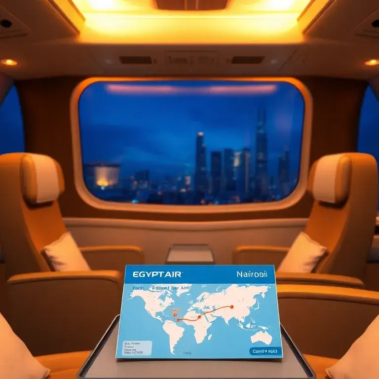 Nairobi Flugpreis Budapest €991 – EgyptAir: Realistisches, hochauflösendes Bild einer EgyptAir Business Class-Kabine: verstellbare Sitze in…