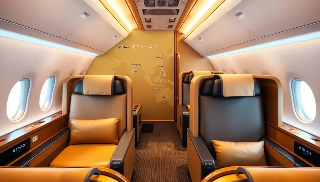 Ostasien-Flugdeal: Etihad Business Class ab Dublin - Einführung: Luxuriöse Etihad Business Class Kabine (Beispiel Boeing 787) in Gold- und …