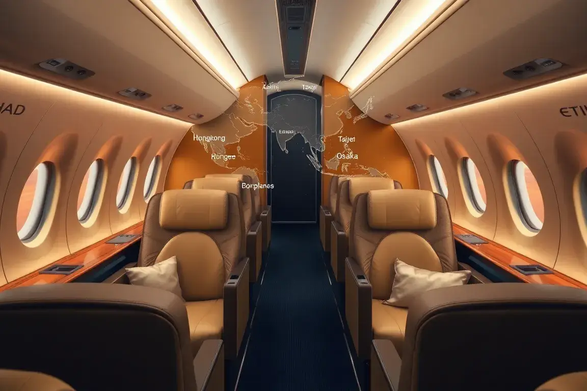 Ostasien-Flugdeal: Etihad Business Class ab Dublin: Luxuriöse Etihad Business Class Kabine (Beispiel Boeing 787) in Gold- und Navy-Tönen, b…