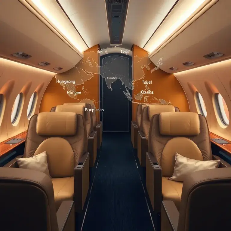 Ostasien-Flugdeal: Etihad Business Class ab Dublin: Luxuriöse Etihad Business Class Kabine (Beispiel Boeing 787) in Gold- und Navy-Tönen, b…