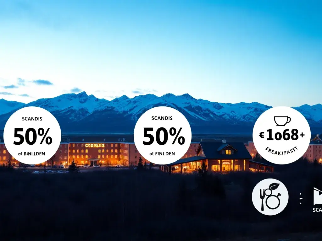Scandic Friends: Award-Nächte ab 5.000 EuroBonus-Punkten: Fotorealistische Banner-Komposition: Mehrere Scandic-Hotels in Norwegen und Finnl…