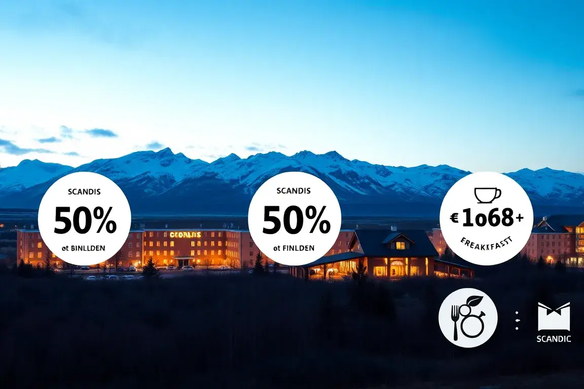 Scandic Friends: Award-Nächte ab 5.000 EuroBonus-Punkten: Fotorealistische Banner-Komposition: Mehrere Scandic-Hotels in Norwegen und Finnl…