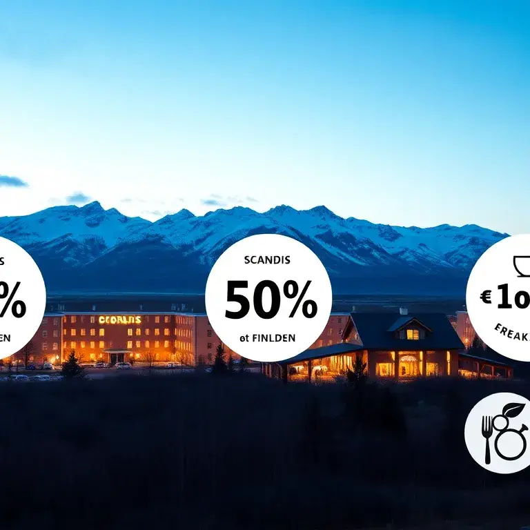 Scandic Friends: Award-Nächte ab 5.000 EuroBonus-Punkten: Fotorealistische Banner-Komposition: Mehrere Scandic-Hotels in Norwegen und Finnl…
